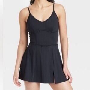 JoyLab Corset Detail Dress Womens Medium Black V-Neck Adjustable Straps Slit